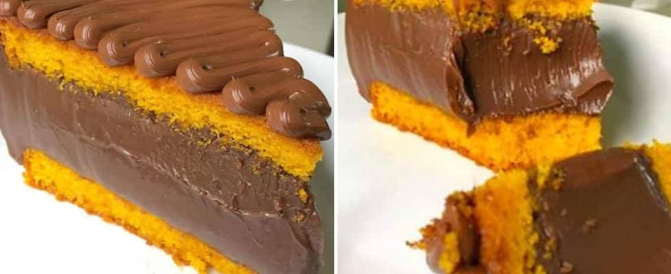 NO LIQUIDIFICADOR esse Bolo de Cenoura  com recheio de Brigadeiro